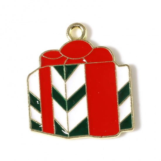 Picture of Zinc Based Alloy Charms Christmas Gift Box Gold Plated Red & Green Enamel 21mm x 19mm, 10 PCs
