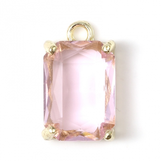 Picture of Zinc Based Alloy & Glass Charms Rectangle Gold Plated Pink 17mm x 10mm, 5 PCs