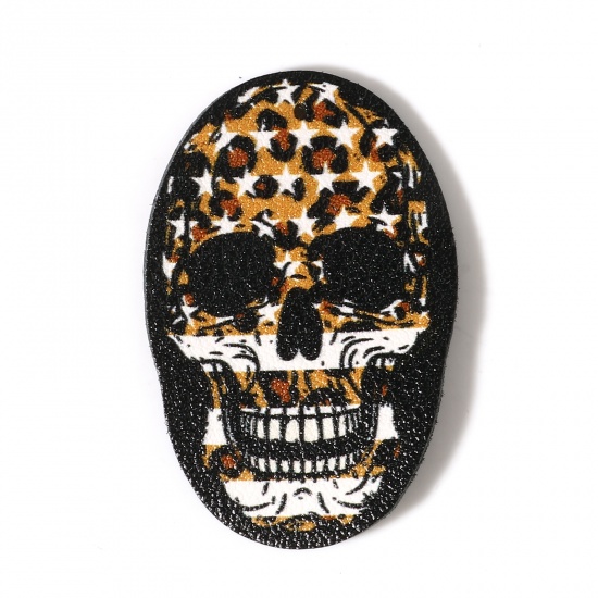Picture of PU Leather Halloween Pendants Oval Black & Yellow Skull 5cm x 3.2cm, 5 PCs