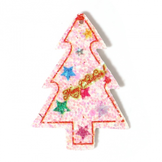 Picture of PU Leather Pendants Christmas Tree Multicolor Pentagram Star Sequins 5.5cm x 3.9cm, 5 PCs