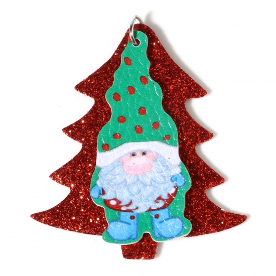 Picture of PU Leather Pendants Christmas Tree Red Christmas Santa Claus Glitter 5.7cm x 4.9cm, 5 PCs