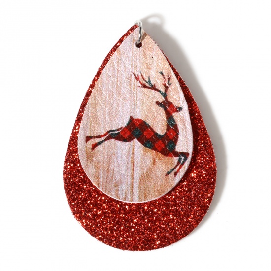 Picture of PU Leather Pendants Drop Red Christmas Reindeer Glitter 5.8cm x 3.8cm, 5 PCs