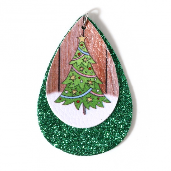 Picture of PU Leather Pendants Drop Green Christmas Tree Glitter 5.8cm x 3.8cm, 5 PCs