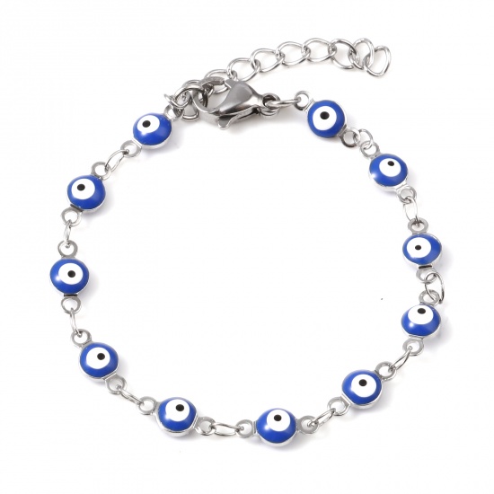 Picture of 304 Stainless Steel Children Kids Bracelets Silver Tone Blue Round Evil Eye Enamel 13.5cm(5 3/8") long, 1 Piece