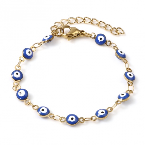 Immagine di 1 Pz Placcatura Sottovuoto 304 Acciaio Inossidabile Bambini Braccialetti Oro Placcato Blu Tondo Malocchio Smalto 13.5cm Lunghezza