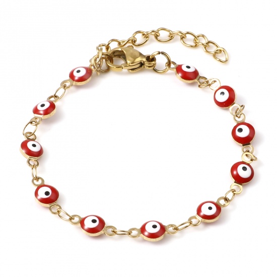 Immagine di 1 Pz Placcatura Sottovuoto 304 Acciaio Inossidabile Bambini Braccialetti Oro Placcato Rosso Tondo Malocchio Smalto 13.5cm Lunghezza