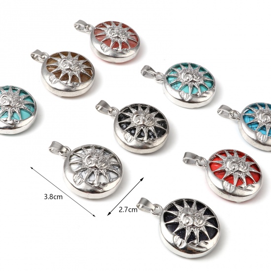Picture of Zinc Based Alloy Religious Pendants Round Silver Tone At Random Color Sun And Moon Face 3.8cm x 2.7cm, 1 Piece
