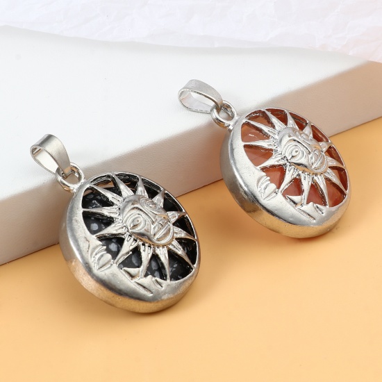 Picture of Zinc Based Alloy Religious Pendants Round Silver Tone At Random Color Sun And Moon Face 3.8cm x 2.7cm, 1 Piece