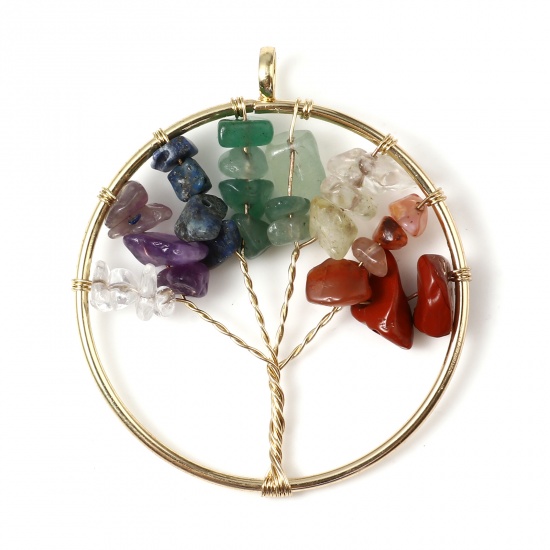 Picture of Zinc Based Alloy Pendants Round Gold Plated Multicolor Tree of Life 5.7cm x 5.1cm, 1 Piece