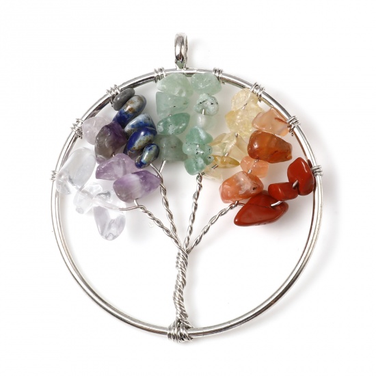 Picture of Zinc Based Alloy Pendants Round Silver Tone Multicolor Tree of Life 5.7cm x 5.1cm, 1 Piece