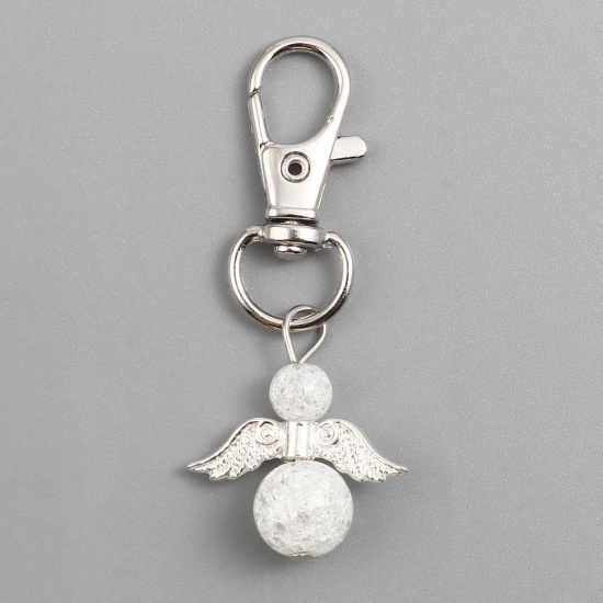 Picture of Zinc Based Alloy & Stone Religious Keychain & Keyring Silver Tone White Angel 57mm, 2 PCs