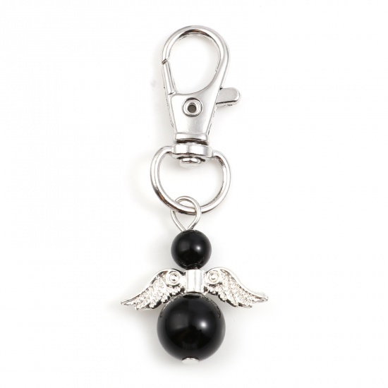 Picture of Zinc Based Alloy & Stone Religious Keychain & Keyring Silver Tone Black Angel 57mm, 2 PCs