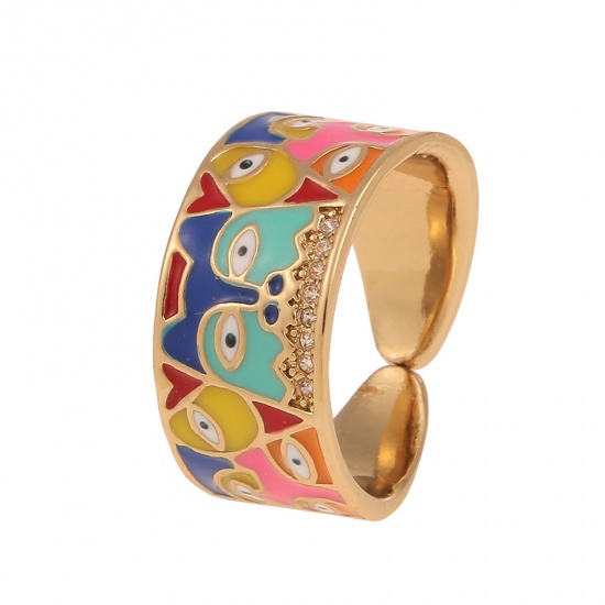 Picture of 18K Gold Color Multicolor Copper Open Adjustable Eye Enamel Rings 16.5mm(US Size 6), 1 Piece