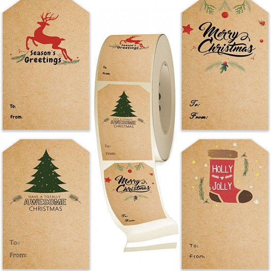 Immagine di Brown - Christmas Kraft Paper Gift Labels Stickers Decoration 7.5x5cm, 1 Roll