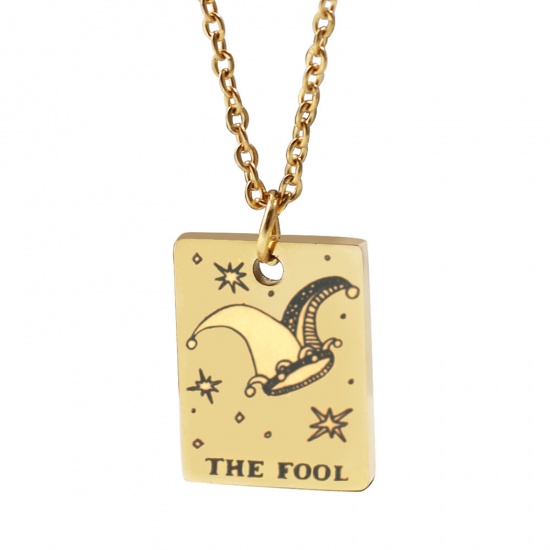 Picture of 304 Stainless Steel Tarot Necklace Gold Plated Rectangle Message " THE FOOL " Plating 45cm(17 6/8") long, 1 Piece