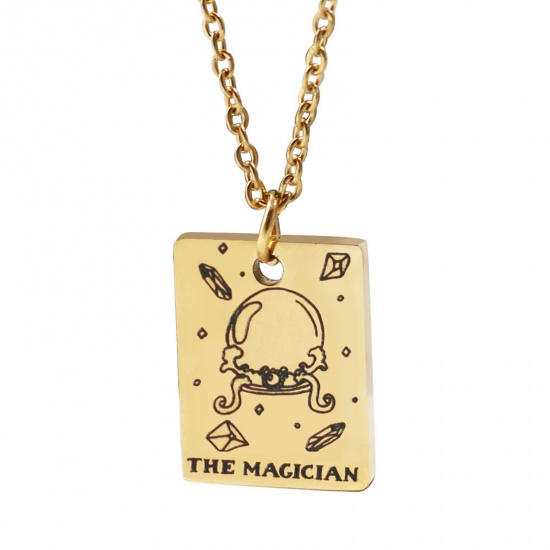 Picture of 304 Stainless Steel Tarot Necklace Gold Plated Rectangle Message " THE MAGICIAN " Plating 45cm(17 6/8") long, 1 Piece