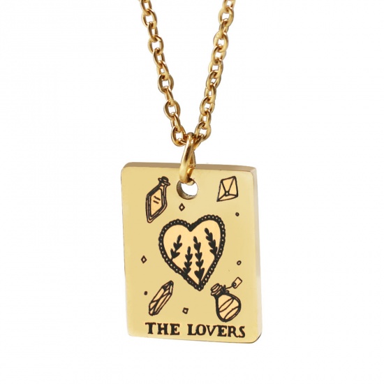 Picture of 304 Stainless Steel Tarot Necklace Gold Plated Rectangle Message " THE LOVERS " Plating 45cm(17 6/8") long, 1 Piece