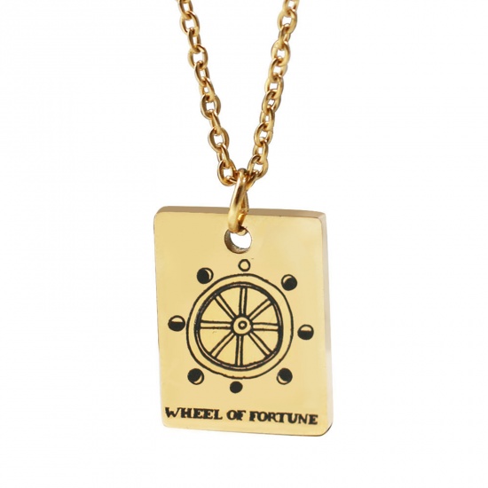 Picture of 304 Stainless Steel Tarot Necklace Gold Plated Rectangle Message " WHEEL FORTUNE " Plating 45cm(17 6/8") long, 1 Piece