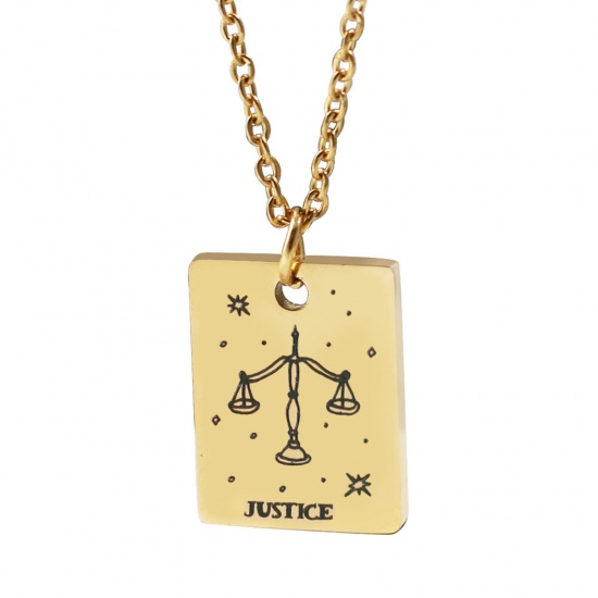 Picture of 304 Stainless Steel Tarot Necklace Gold Plated Rectangle Message " JUSTICE " Plating 45cm(17 6/8") long, 1 Piece