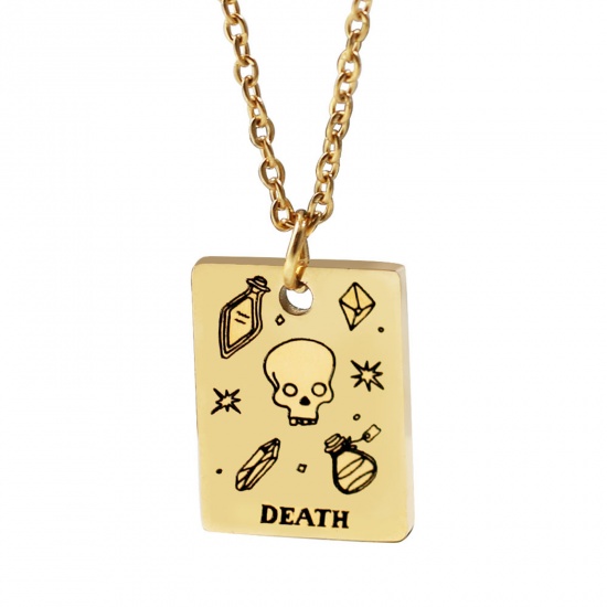 Picture of 304 Stainless Steel Tarot Necklace Gold Plated Rectangle Message " DEATH " Plating 45cm(17 6/8") long, 1 Piece