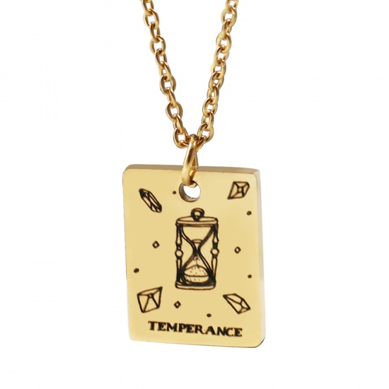 Picture of 304 Stainless Steel Tarot Necklace Gold Plated Rectangle Message " TEMPERANCE " Plating 45cm(17 6/8") long, 1 Piece