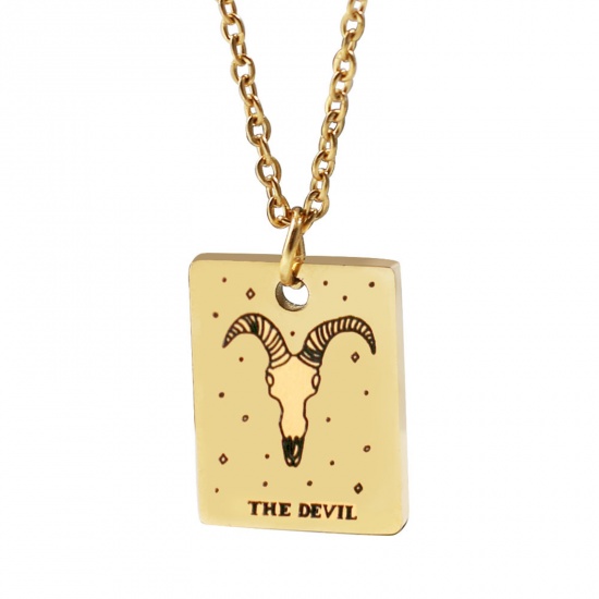 Picture of 304 Stainless Steel Tarot Necklace Gold Plated Rectangle Message " THE DEVIL " Plating 45cm(17 6/8") long, 1 Piece