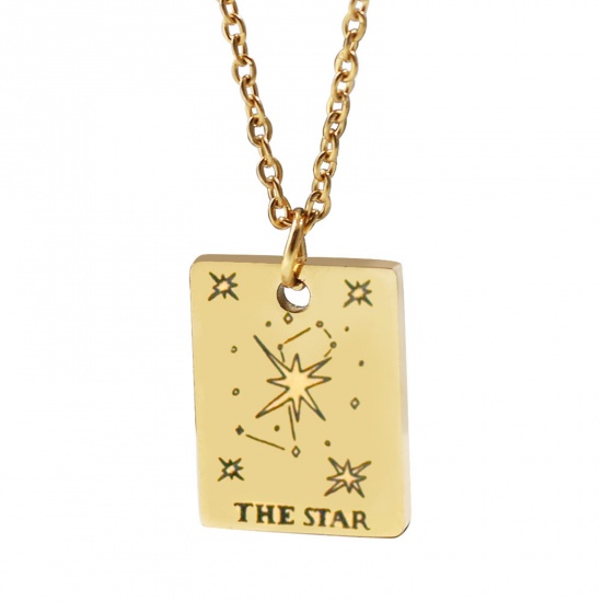 Picture of 304 Stainless Steel Tarot Necklace Gold Plated Rectangle Message " THE STAR " Plating 45cm(17 6/8") long, 1 Piece
