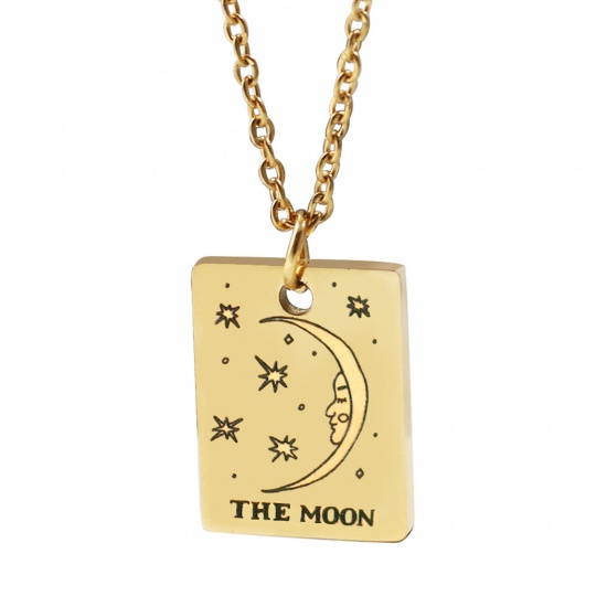 Picture of 304 Stainless Steel Tarot Necklace Gold Plated Rectangle Message " The Moon " Plating 45cm(17 6/8") long, 1 Piece