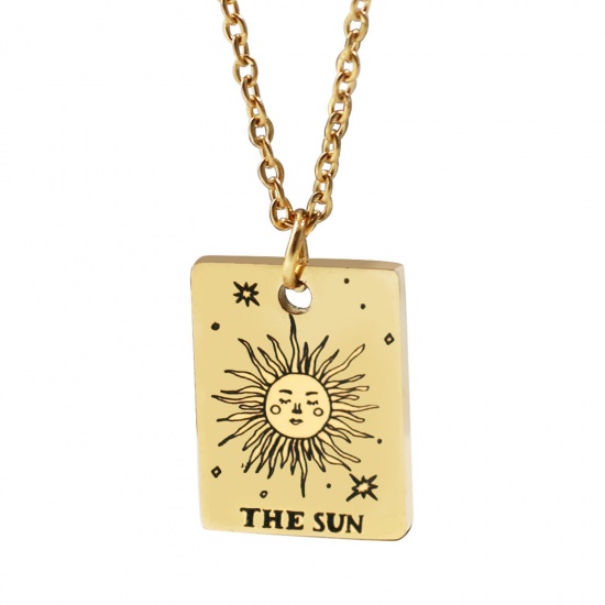 Picture of 304 Stainless Steel Tarot Necklace Gold Plated Rectangle Message " THE SUN " Plating 45cm(17 6/8") long, 1 Piece