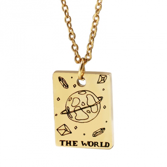 Picture of 304 Stainless Steel Tarot Necklace Gold Plated Rectangle Message " THE WORLD " Plating 45cm(17 6/8") long, 1 Piece