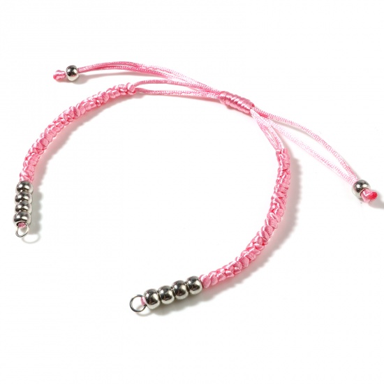 Immagine di Poliestere Braccialetti Intrecciati Tono Argento Rosa Regolabile 19cm 5 Pz