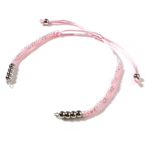 Immagine di Poliestere Braccialetti Intrecciati Tono Argento Rosa Chiaro Regolabile 19cm 5 Pz