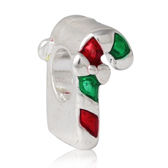 Picture of Zinc Metal Alloy European Style Large Hole Charm Beads Christmas Candy Cane Silver Plated Red & Green Enamel About 13mm( 4/8") x 7mm( 2/8"), Hole: Approx 5.2mm, 5 PCs