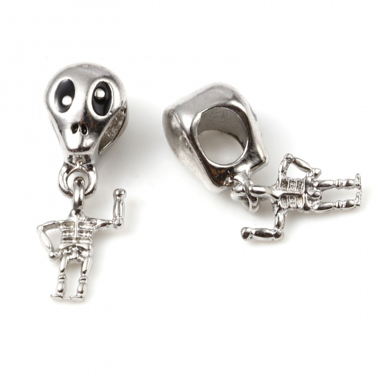Picture of Zinc Based Alloy Halloween Large Hole Charm Dangle Beads Silver Tone Black Skeleton Skull Enamel 24mm x 8mm, Hole: Approx 4.4mm, 5 PCs