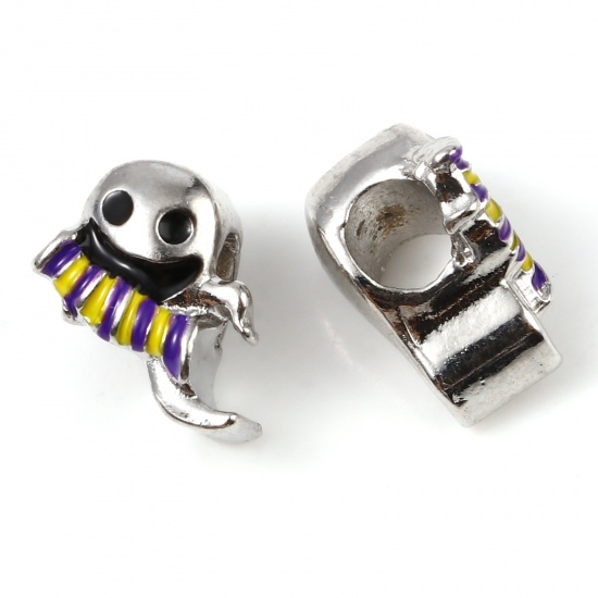 Picture of Zinc Based Alloy European Style Large Hole Charm Beads Silver Tone Yellow & Purple Halloween Ghost Enamel 13mm x 10mm, Hole: Approx 4.9mm, 5 PCs