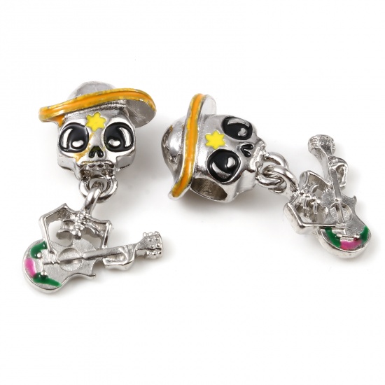 Picture of Zinc Based Alloy Halloween Large Hole Charm Dangle Beads Silver Tone Multicolor Skull Guitar Enamel 28mm x 14mm, Hole: Approx 4.5mm, 5 PCs