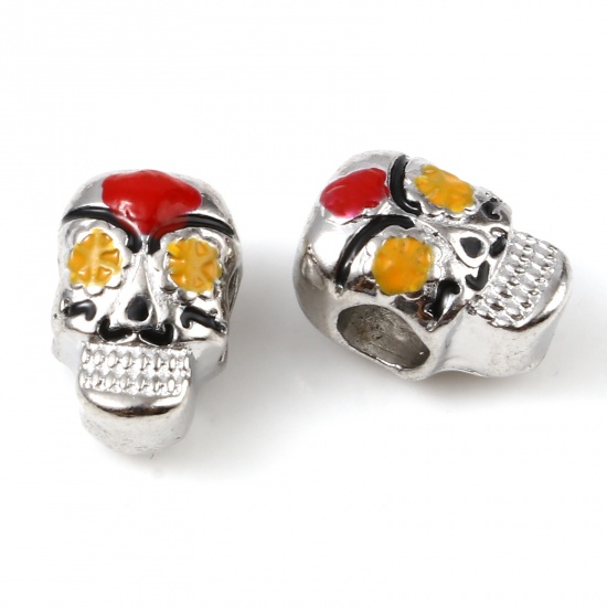 Picture of Zinc Based Alloy Halloween Large Hole Charm Beads Silver Tone Red & Yellow Skull Enamel 13mm x 9mm, Hole: Approx 4.4mm, 5 PCs