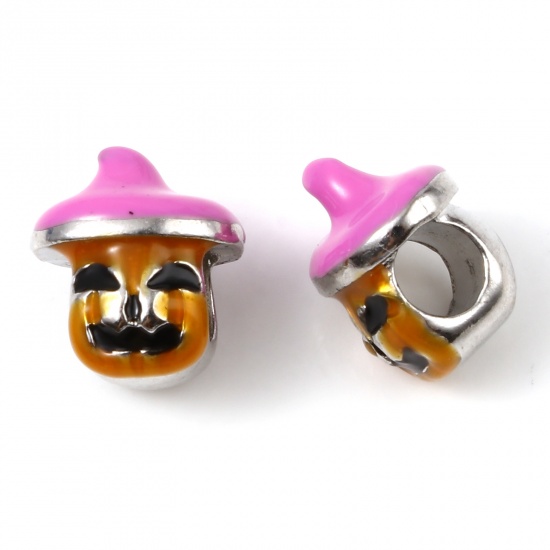 Picture of Zinc Based Alloy European Style Large Hole Charm Beads Silver Tone Multicolor Halloween Pumpkin Enamel 12mm x 11mm, Hole: Approx 4.4mm, 5 PCs