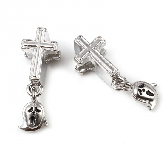 Picture of Zinc Based Alloy Religious Large Hole Charm Dangle Beads Silver Tone Halloween Ghost Cross Enamel 27mm x 9mm, Hole: Approx 4.4mm, 5 PCs