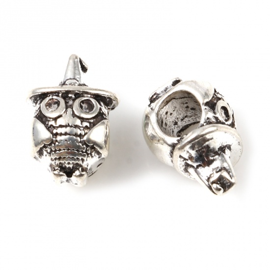 Picture of Zinc Based Alloy Halloween Large Hole Charm Beads Silver Tone Owl Animal 13mm x 9mm, Hole: Approx 4.3mm, 5 PCs