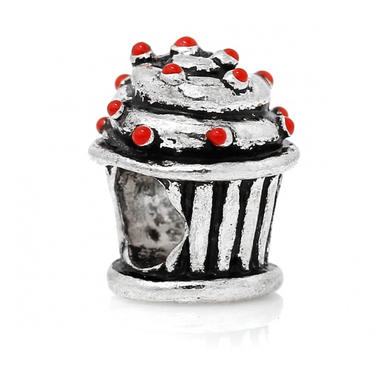 Image de Perles à Gros Trou au Style Européen en Alliage de Zinc Noël Argent Vieilli Gâteau Rouge Email Env. 13mm x 11mm, Tailles de Trous: 0.5mm, 5 Pcs