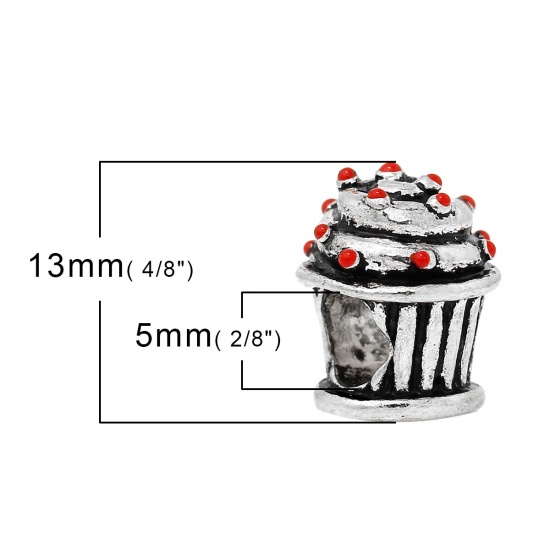 Picture of Zinc Metal Alloy European Style Large Hole Charm Beads Christmas Cupcake Antique Silver Red Enamel About 13mm( 4/8") x 11mm( 3/8"), Hole: Approx 0.5mm, 5 PCs