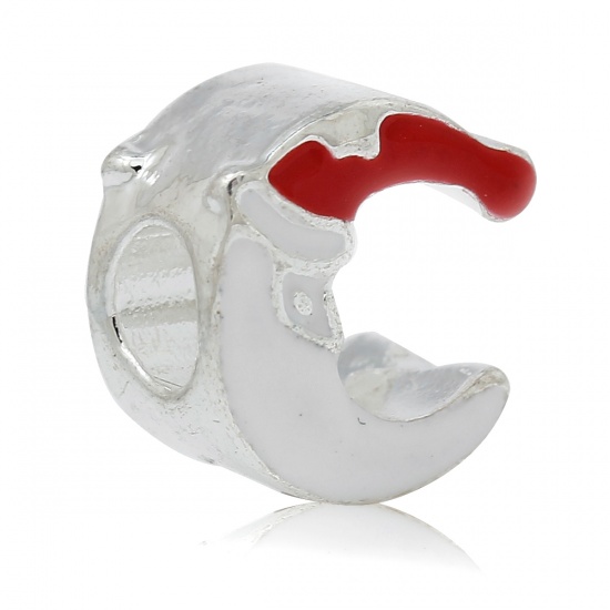 Immagine di Lega di Zinco Stile EuropeoFascino Perline Luna Argento Placcato Cappelli di Natale Scolpito Circa Bianco & Rosso Smalto Circa 13mm x 12mm, Foro: Circa 4.8mm, 5 Pz