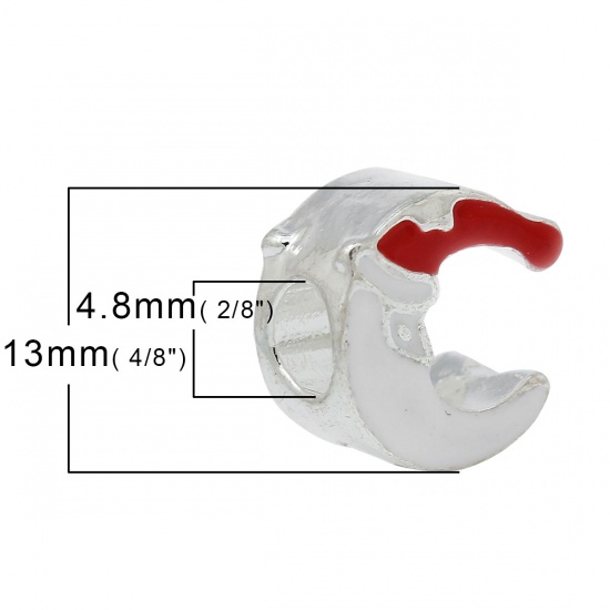 Immagine di Lega di Zinco Stile EuropeoFascino Perline Luna Argento Placcato Cappelli di Natale Scolpito Circa Bianco & Rosso Smalto Circa 13mm x 12mm, Foro: Circa 4.8mm, 5 Pz