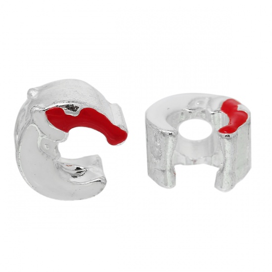 Immagine di Lega di Zinco Stile EuropeoFascino Perline Luna Argento Placcato Cappelli di Natale Scolpito Circa Bianco & Rosso Smalto Circa 13mm x 12mm, Foro: Circa 4.8mm, 5 Pz