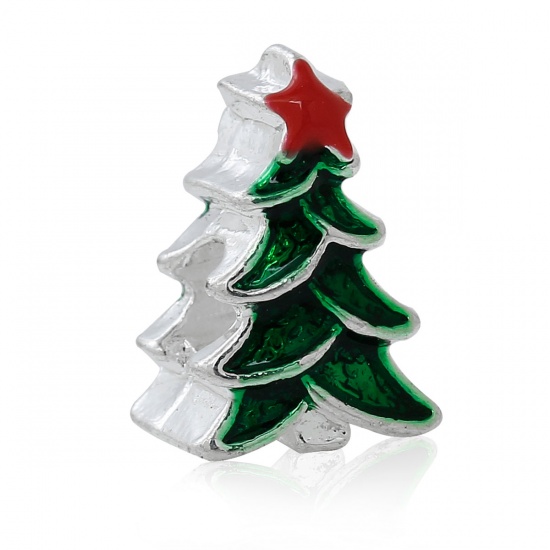 亜鉛合金 ヨーロッパ風 大穴 ビーズ クリスマスツリー 銀メッキ 五芒星彫刻 レッド + 緑 エナメル 約 15mm x 10mm、 穴：約 4.6mm、 5 個 の画像