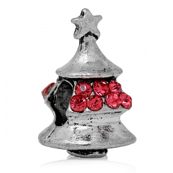 Immagine di Lega di Zinco Stile EuropeoFascino Perline Albero di Natale Stella Scolpito Circa Argento Antico Rosso Strass Circa 16mm x 11mm, Foro: Circa 4.7mm, 5 Pz