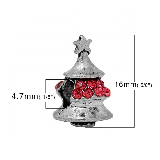 Immagine di Lega di Zinco Stile EuropeoFascino Perline Albero di Natale Stella Scolpito Circa Argento Antico Rosso Strass Circa 16mm x 11mm, Foro: Circa 4.7mm, 5 Pz