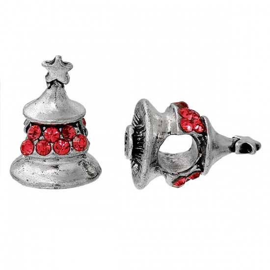 Immagine di Lega di Zinco Stile EuropeoFascino Perline Albero di Natale Stella Scolpito Circa Argento Antico Rosso Strass Circa 16mm x 11mm, Foro: Circa 4.7mm, 5 Pz