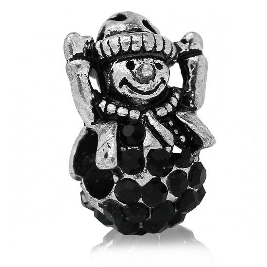 Picture of Zinc Metal Alloy European Style Large Hole Charm Beads Christmas Snowman Hat Antique Silver Black Rhinestone About 16mm( 5/8") x 11mm( 3/8"), Hole: Approx 4.5mm, 5 PCs